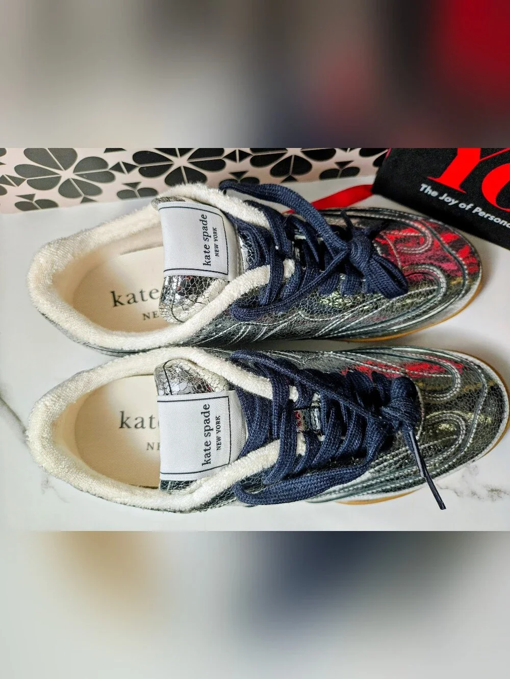 NEW!  Kate Spade Silver Crackle Leather Sneakers with Navy Laces Sells For $228.